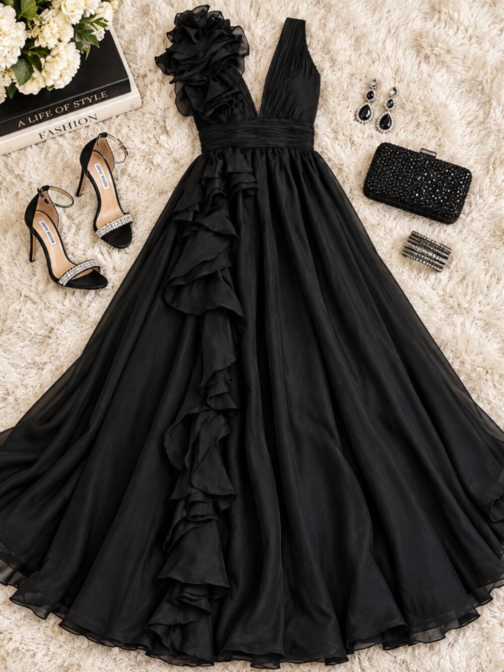 Mac Duggal Size 4 Black Ruffle Shoulder V Neck Chiffon Ball Gown